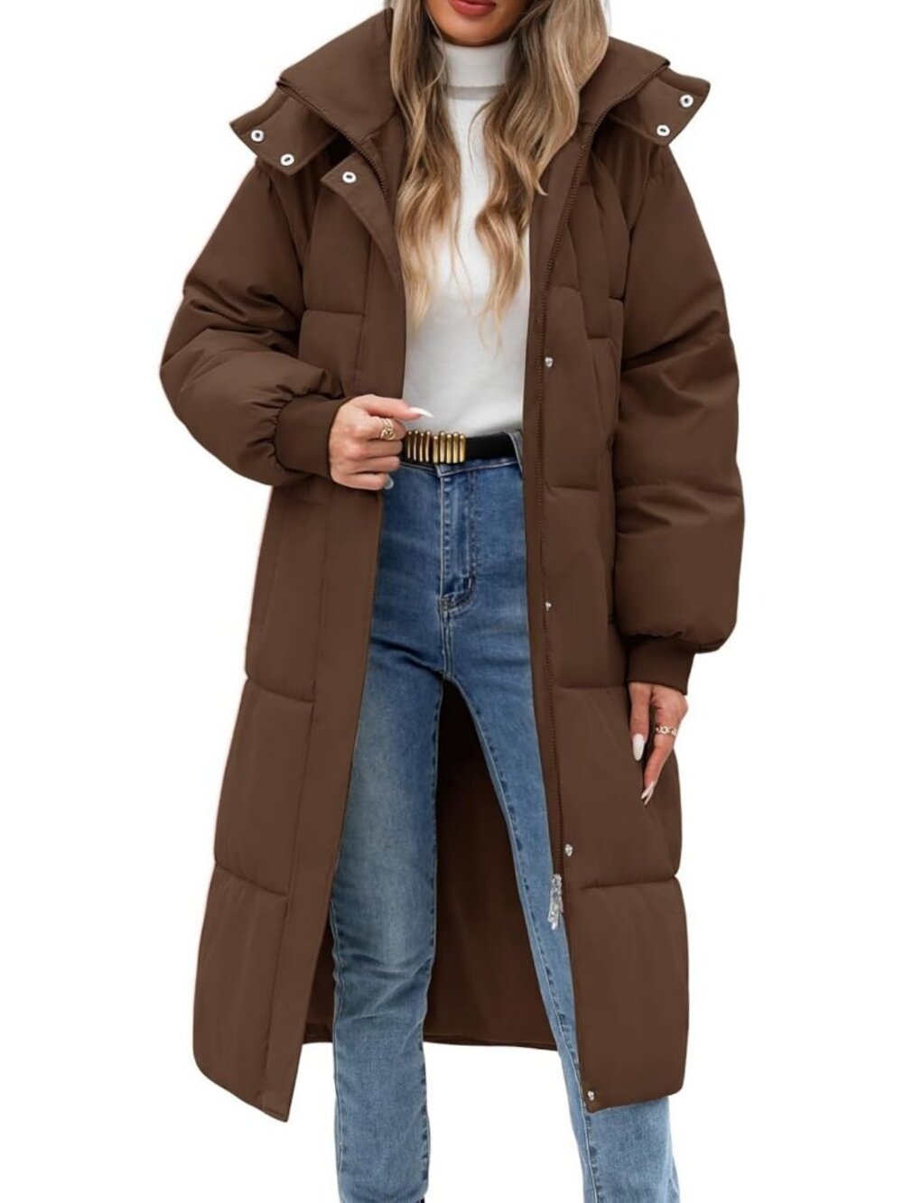 Cozy Long Puffer Coat for Women - Warm Quilted Winter Jacket with Hood, Full Zip